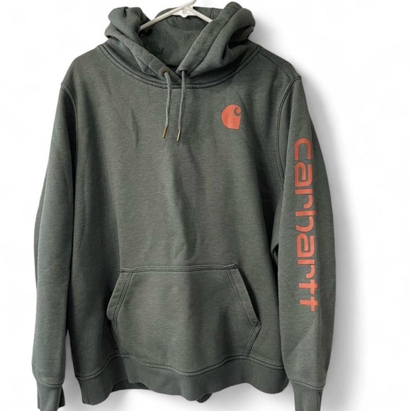 Carhartt Other - Carhartt Olive Green Pullover Hoodie with Orange Logo and Sleeve Script